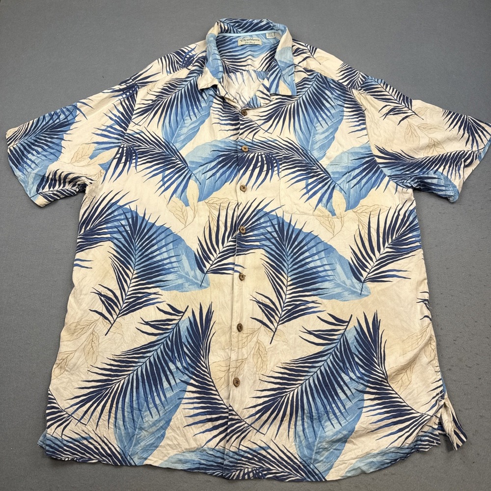 Caribbean Men's 3XT Silk Cotton Hawaiian Shirt BLUE FLORA Short Sleeve Button Up